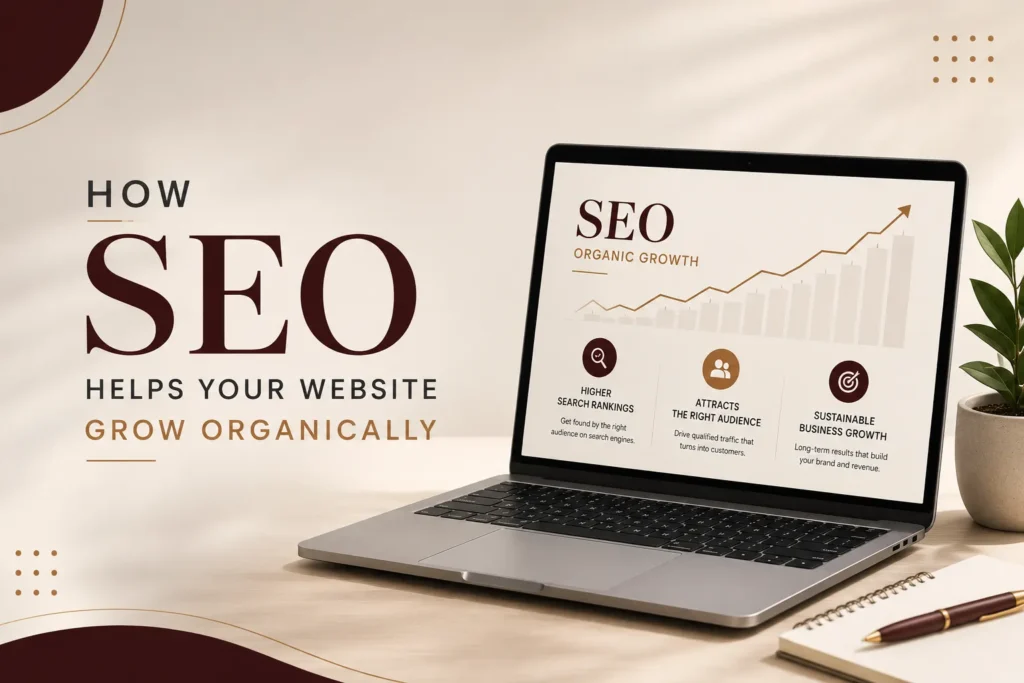 Freelance Digital Marketer in Bahrain explaining how SEO helps websites grow organically by improving search rankings, increasing organic traffic, and enhancing online visibility.
