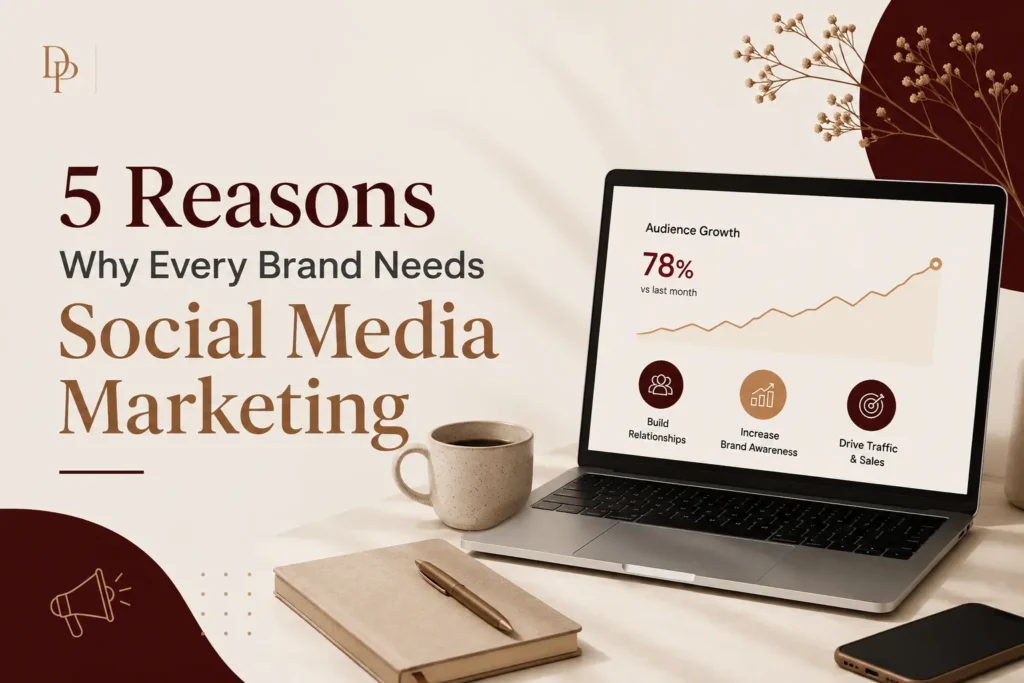Freelance Digital Marketer in Bahrain explaining five reasons why every brand needs social media marketing to increase brand awareness, customer engagement, and business growth.